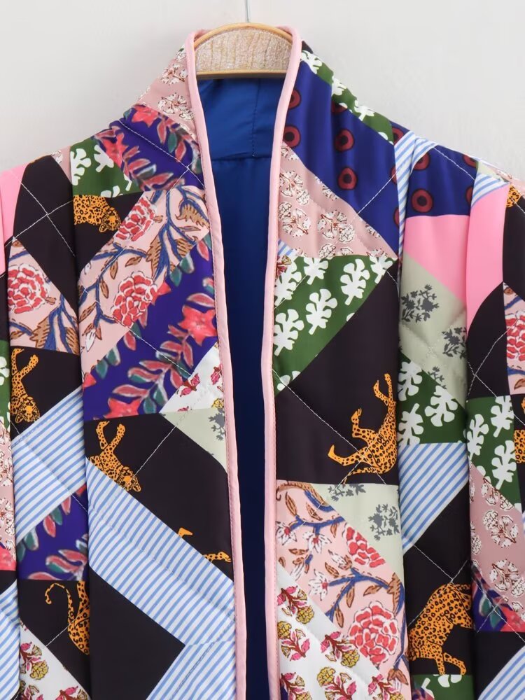 Women's Lapel Color Matching Printed Baggy Coats
