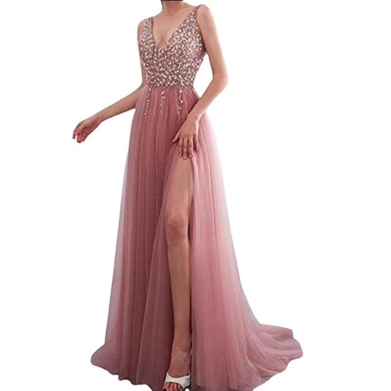 Women's Dress Deep Sleeveless Split Sequined Banquet Dresses
