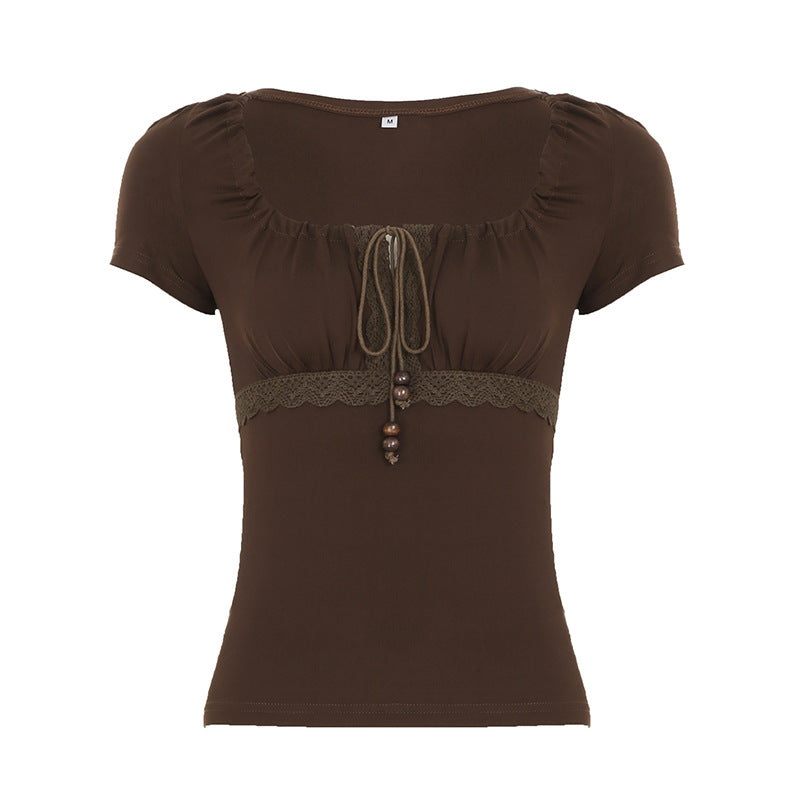 Style Beaded Drawstring Lace Stitching Sweet Pleated Blouses