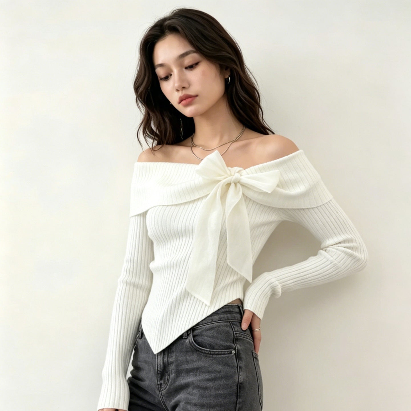French Sunken Stripe Knit With Bow Tops