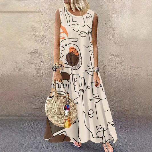 Women's Printed Cotton Linen Sleeveless Large Long Dresses