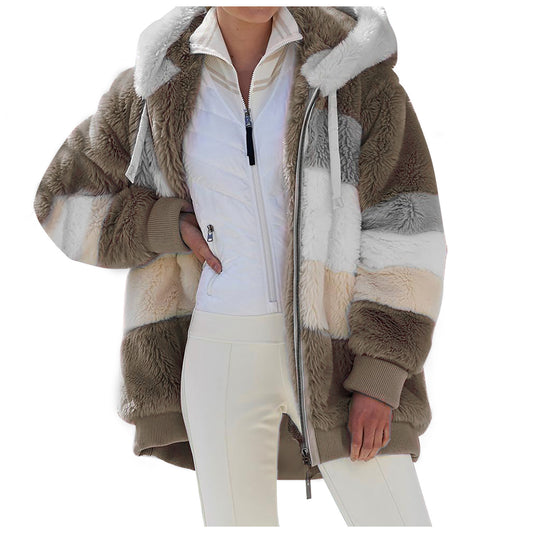 Women's Warm Plush Patchwork Zipper Pocket Hooded Coats
