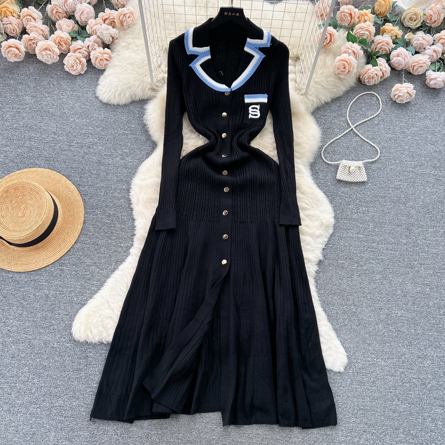 Classic Style Contrast Color Woolen Embroidered Collar Split Skirts