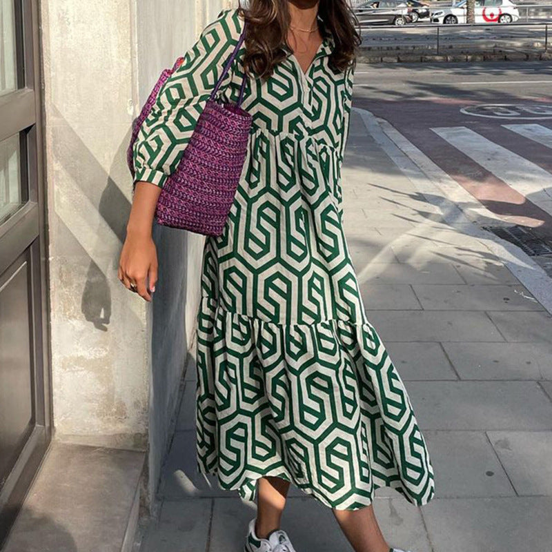 Women's Long Sleeve Turn-down Collar Green Geometric Pattern Dress