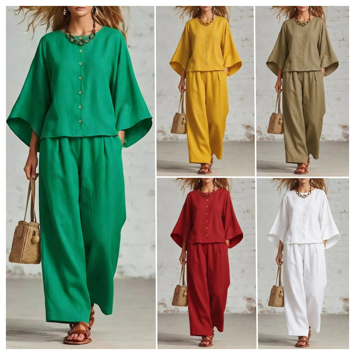 Popular Women's Cotton Linen Wide Leg Fashion Casual Suit