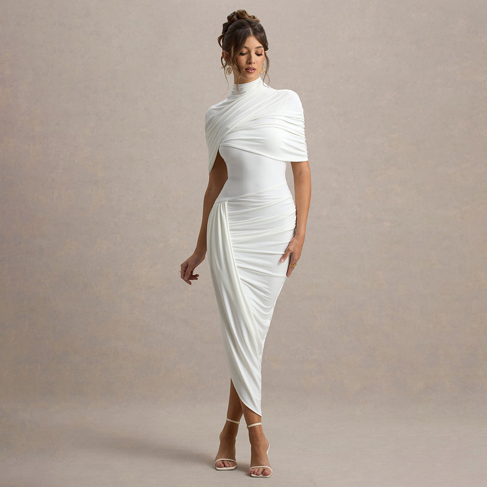 Women's Spring Solid Color Fashion Shawl Irregular Pleated Slim Dress