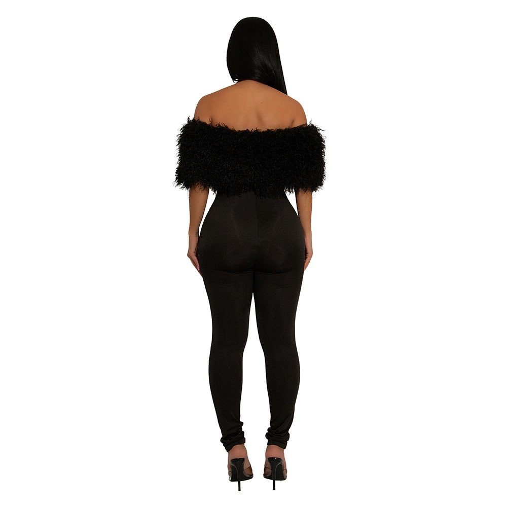Stylish Furry Stitching Milk Silk Trousers Jumpsuits