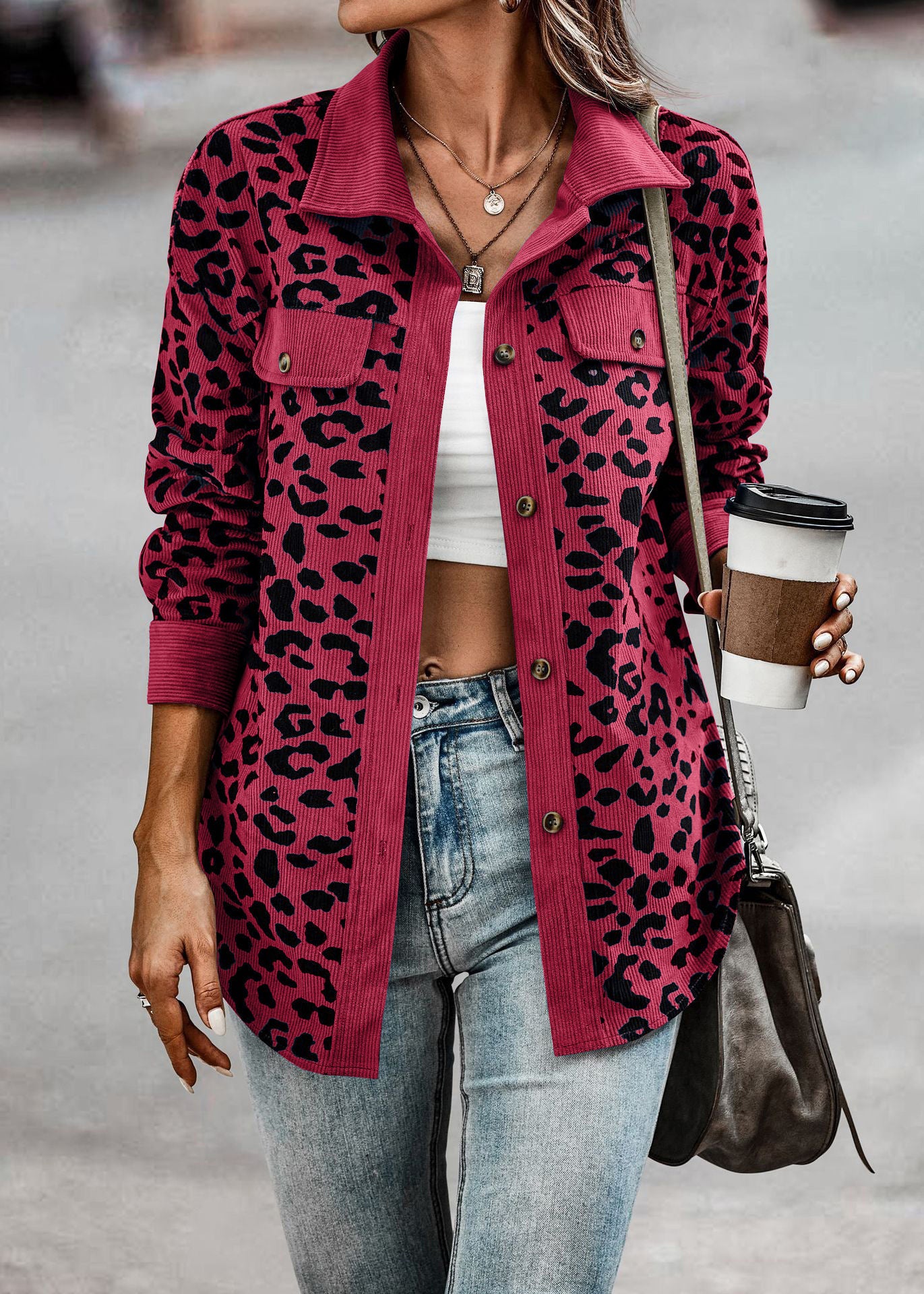 Women's Fashion Leopard Print Button Long Sleeve Coats