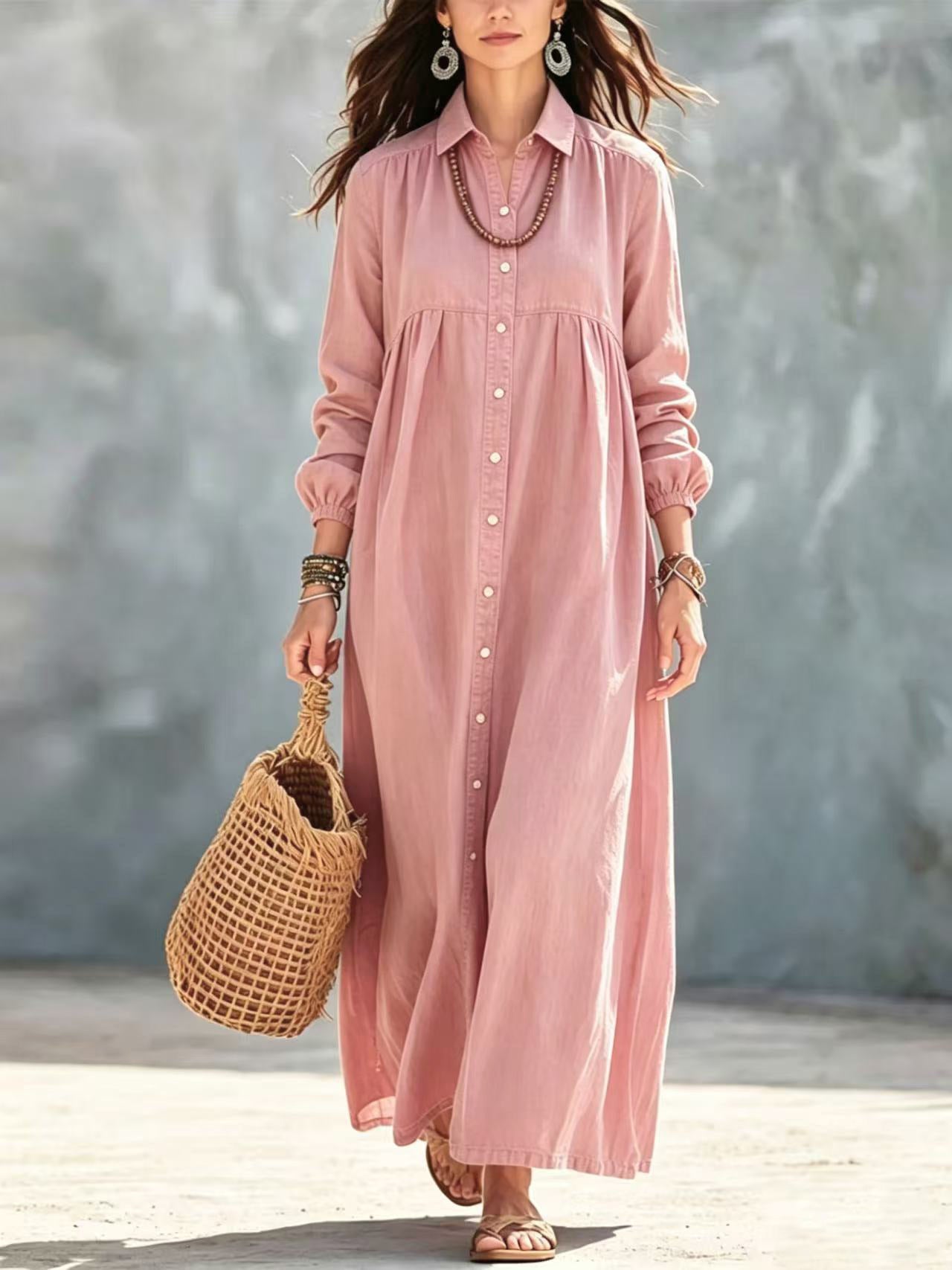 Women's Color Shirt Loose Button Lapel Casual Long Dress