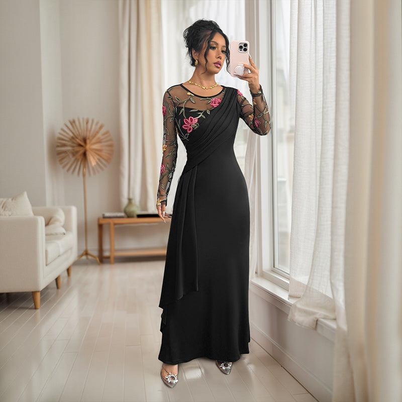 Women's Neck Mesh Embroidery Stitching Long Sleeve Dresses