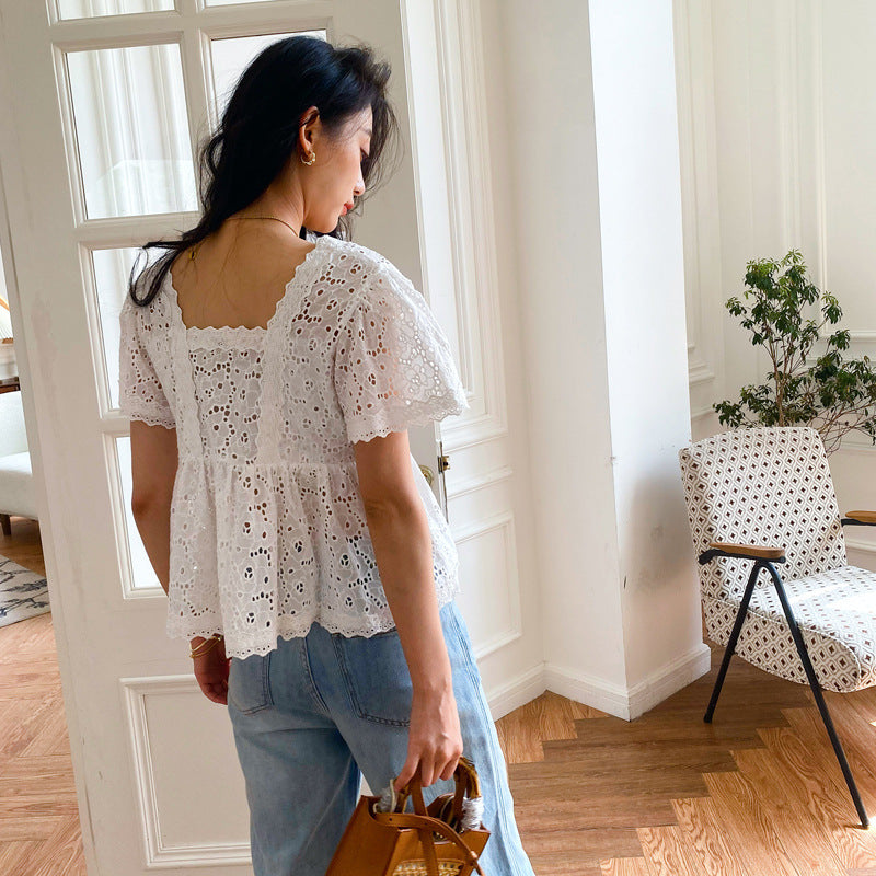 Women's Summer White French Style Design Square Collar Doll Blouses