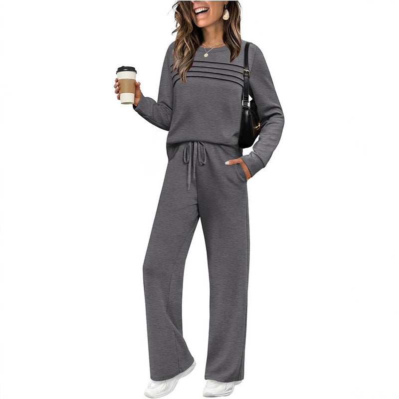 Women's Autumn Long Sleeve Round Neck Elastic Waist Trousers Fashion Casual Suit