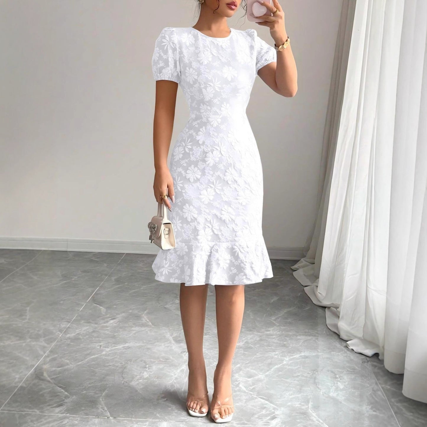 Women's Source Summer Bubble Sleeve Texture Jacquard Round Neck Retro Dress