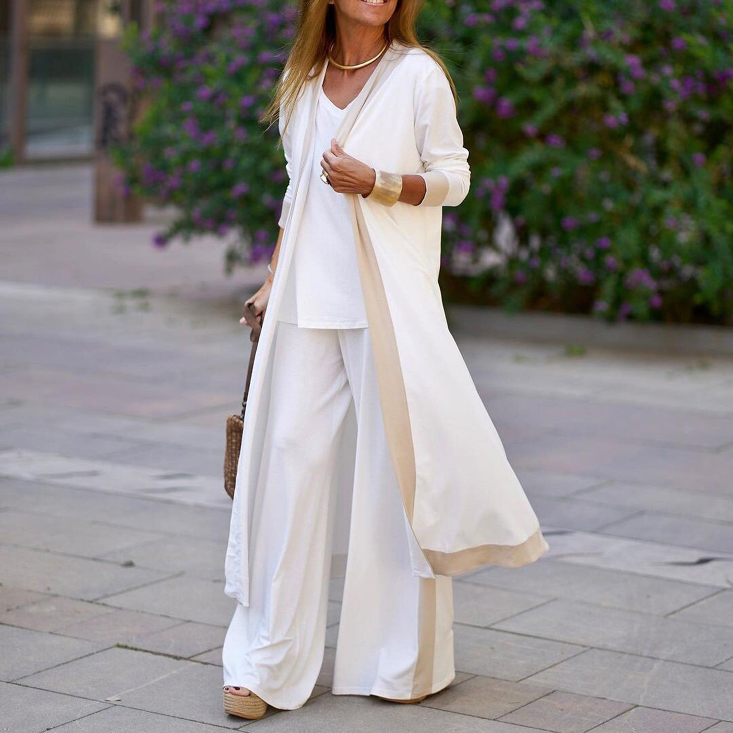 Contrast Sleeveless Long Sleeve Trousers Three-piece Cardigans