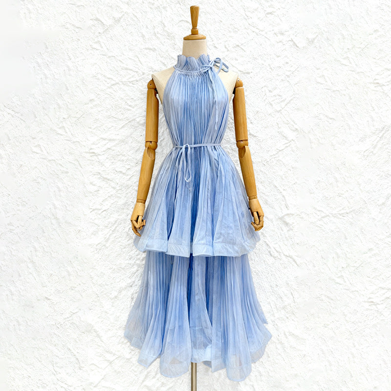 Women's Halter Sleeveless Pleated Gauze Dress Long Autumn Ruffled Dresses