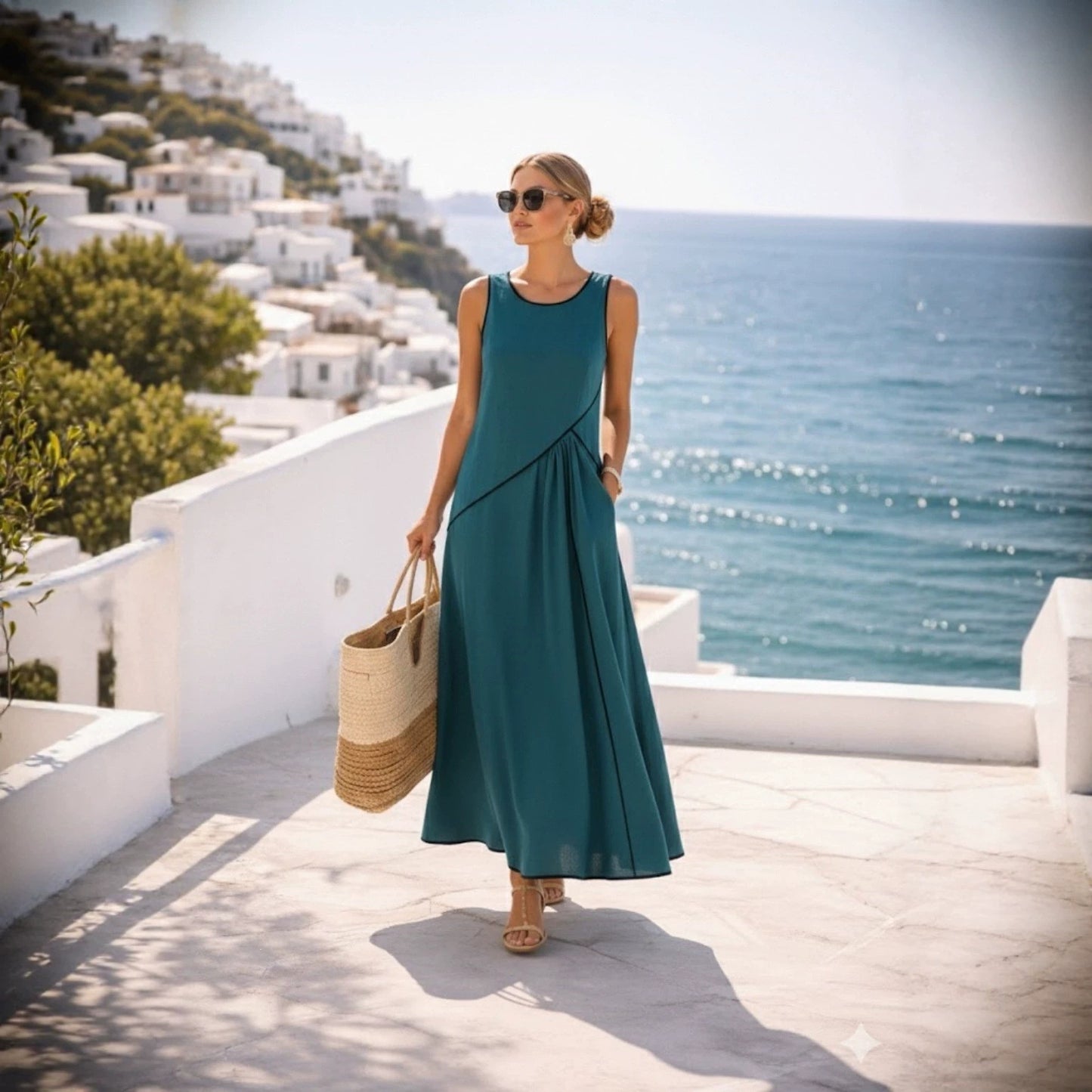 Women's Summer Mediterranean Vacation Style Contrast Color Binding Dress