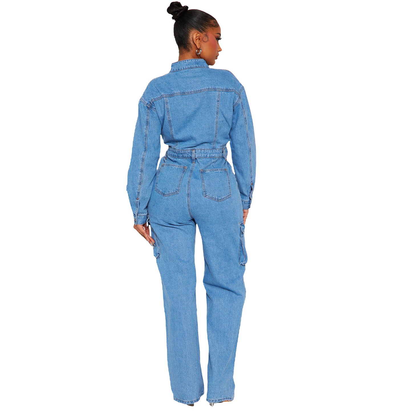 Stretch Bellows Pocket Washed Denim Bell-bottom Jumpsuits