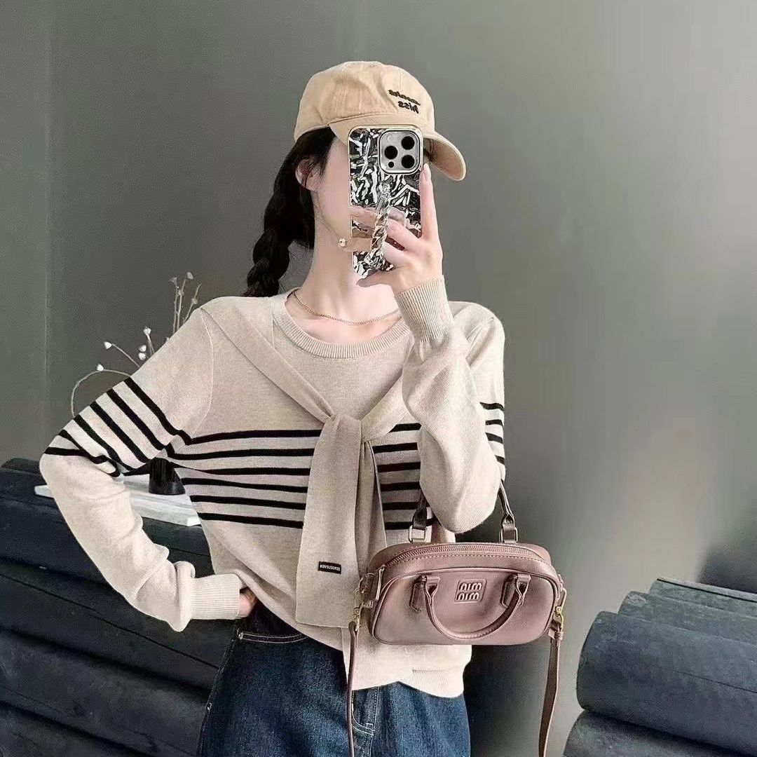 Niche Trendy Long Sleeve Striped Shawl Fake Two-piece Knitted Tops