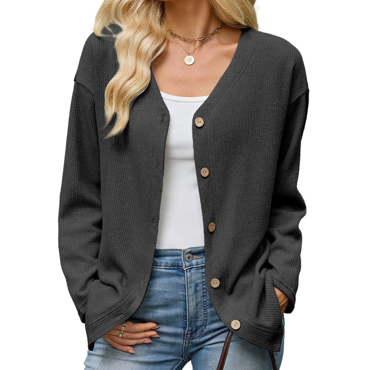 Women's Solid Color Loose Long Sleeve Button Women's Sweater