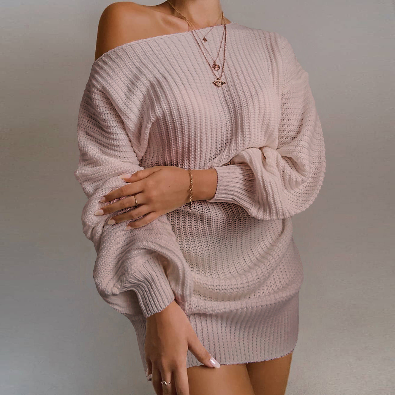 Creative Casual Lantern Sleeve Knitted Dress Sweater