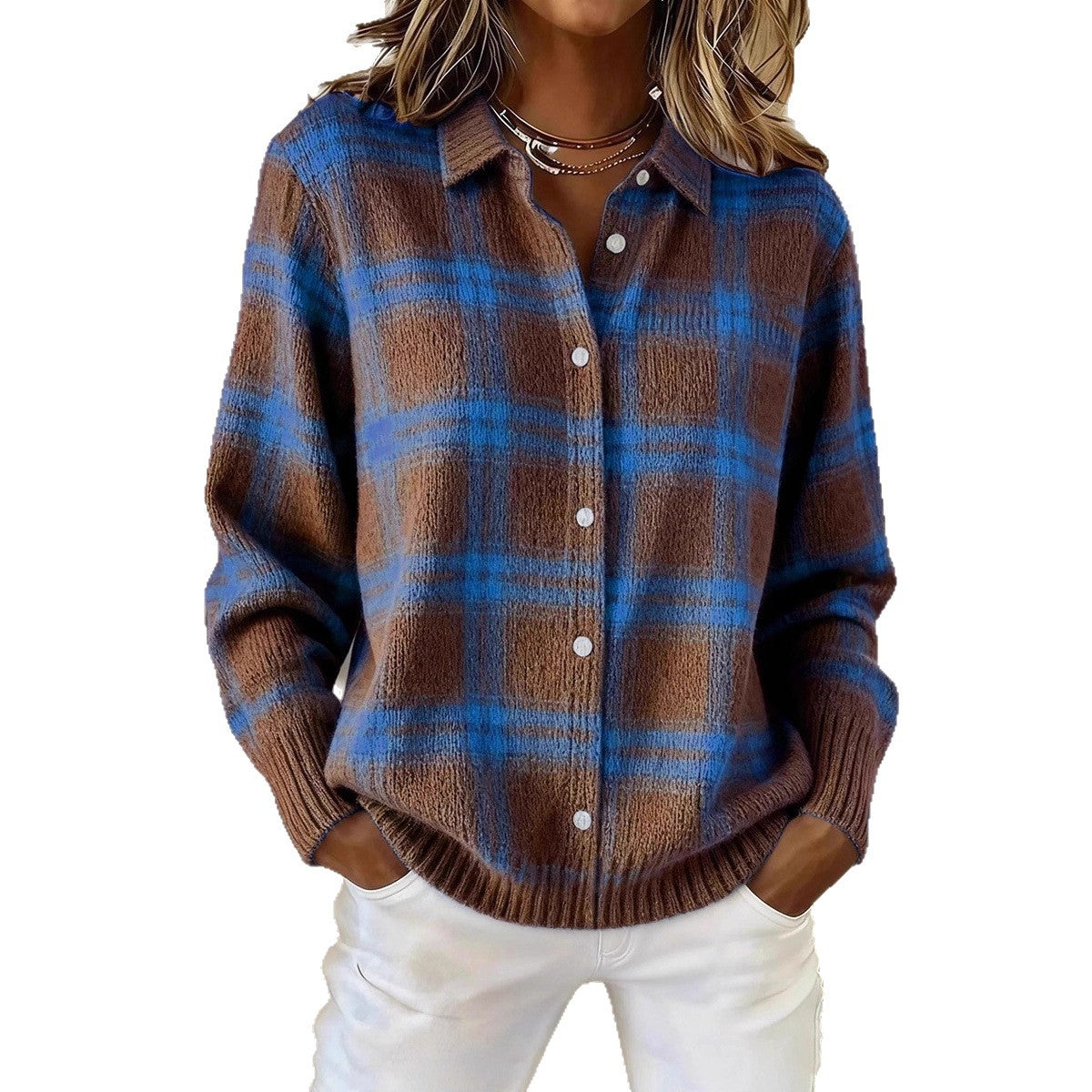 Women's Polo Collar Stripes Contrast Color Woolen Coats
