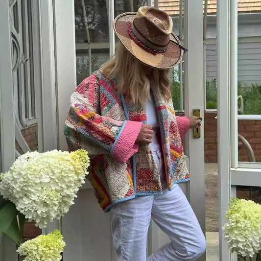 Women's Contrast Color Patch Small Floral Cotton Jackets