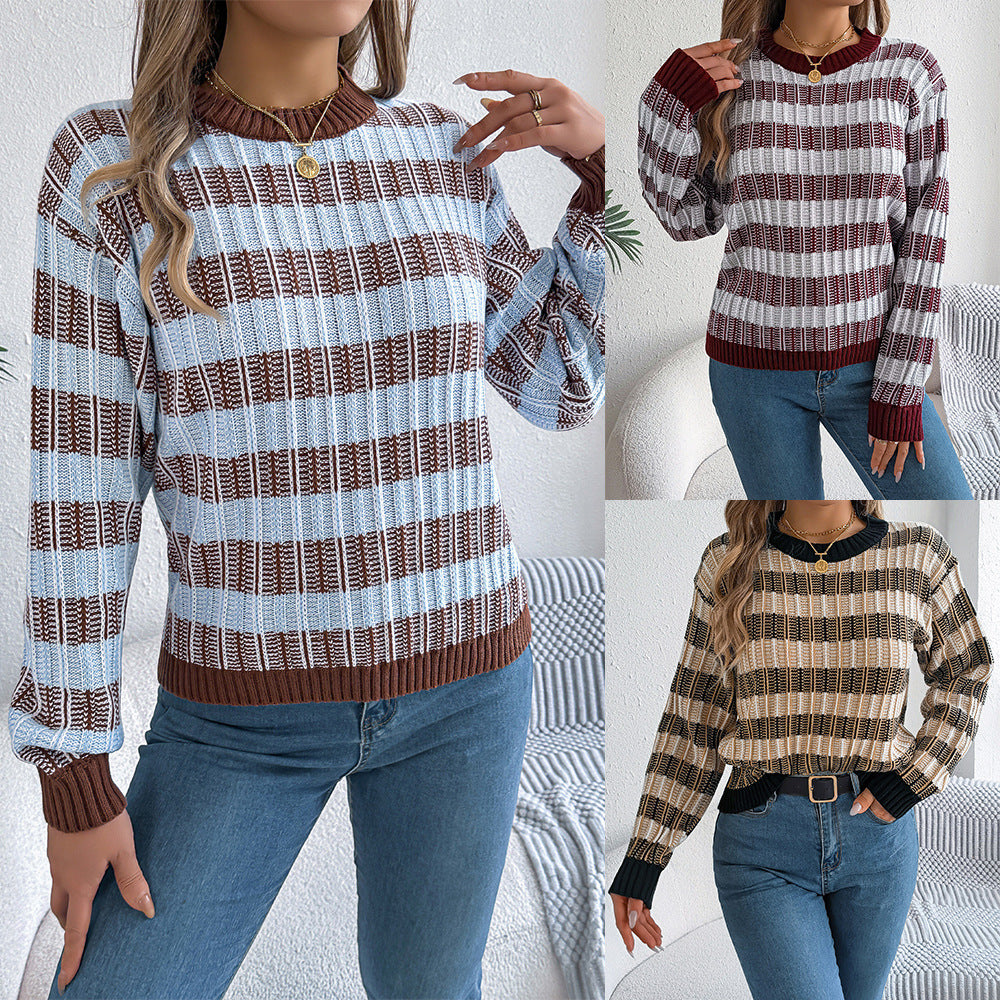 Women's Neck Vintage Stripe Lantern Long Sleeve Sweater