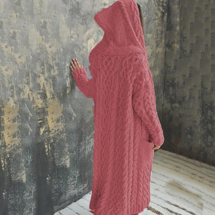 Women's Twist Braid Idle Style Hooded Long Sweaters