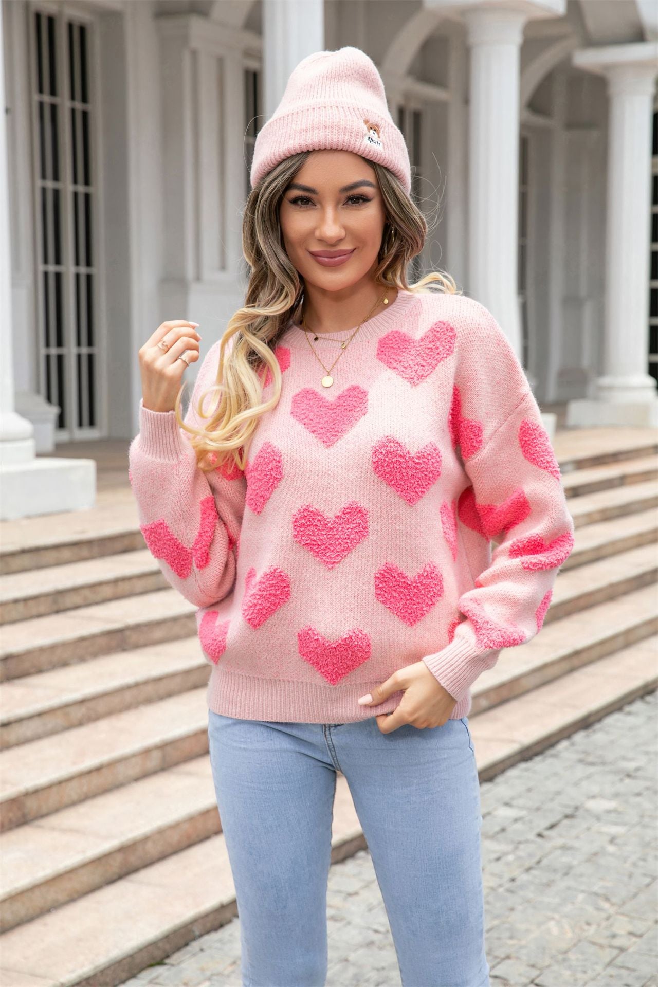 Women's Valentine's Day Round Neck Pullover Peach Heart Plus Size