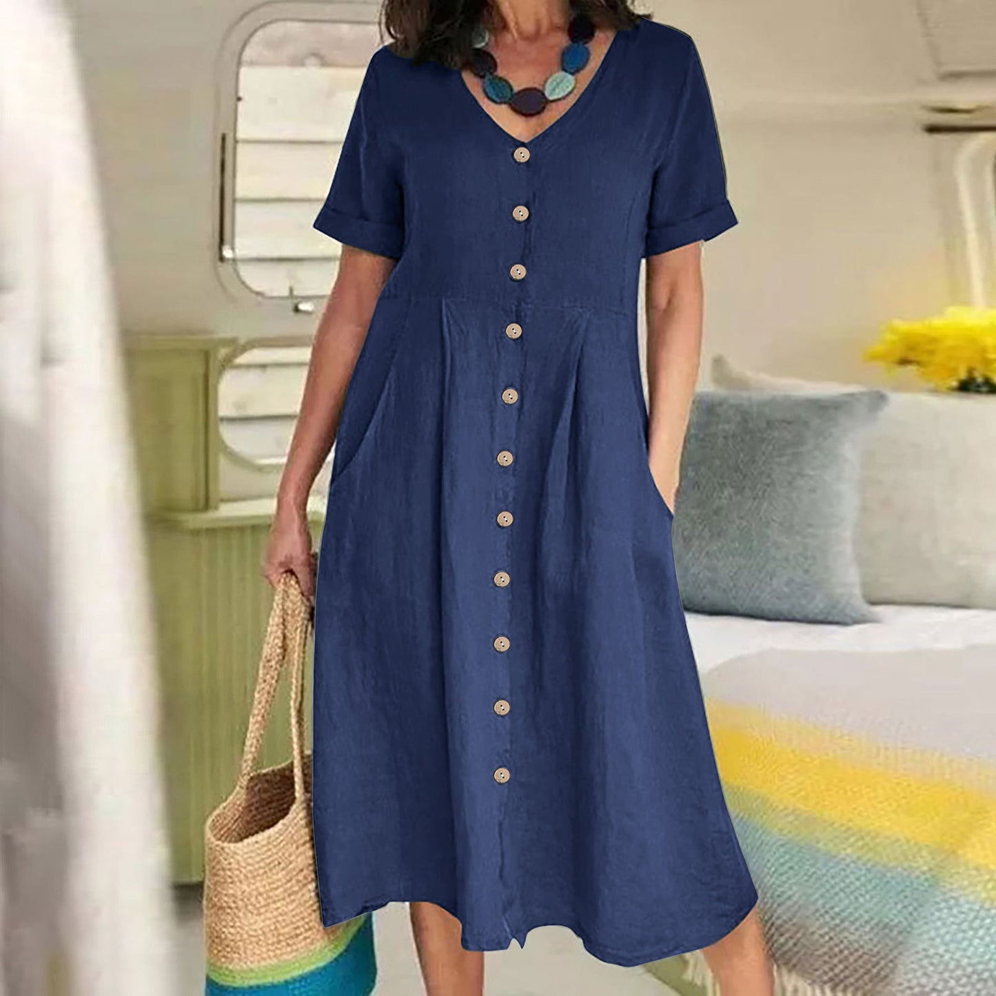 Solid Color Loose High Waist Cotton Dresses