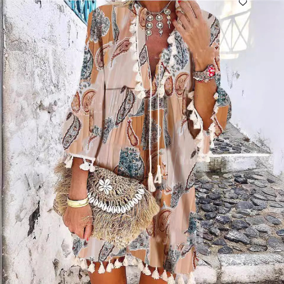 Printed Pink Turtleneck Temperament Commute Tassel Dress