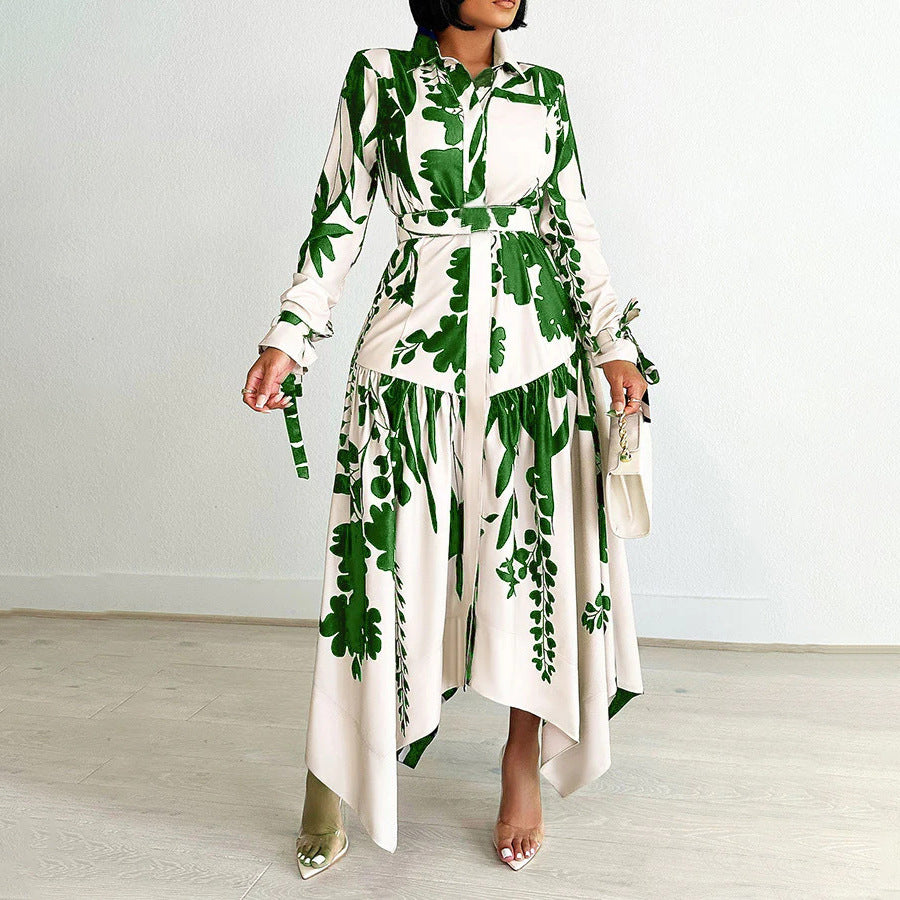 Women's Fashion Temperament Printed Lapel Long Sleeve Dress