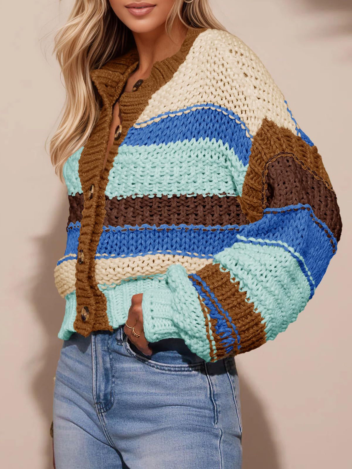 Women's Striped Thick Needle Button Color Block Stitching Sweaters