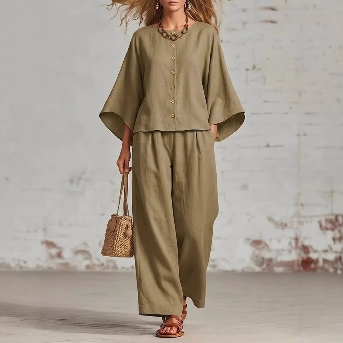 Popular Women's Cotton Linen Wide Leg Fashion Casual Suit