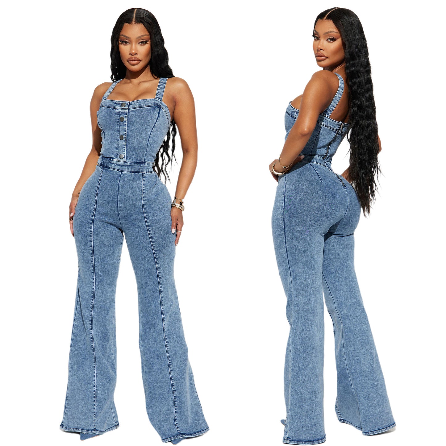 Women's Fashion Casual Button High Waist Sexy Horn Jumpsuits