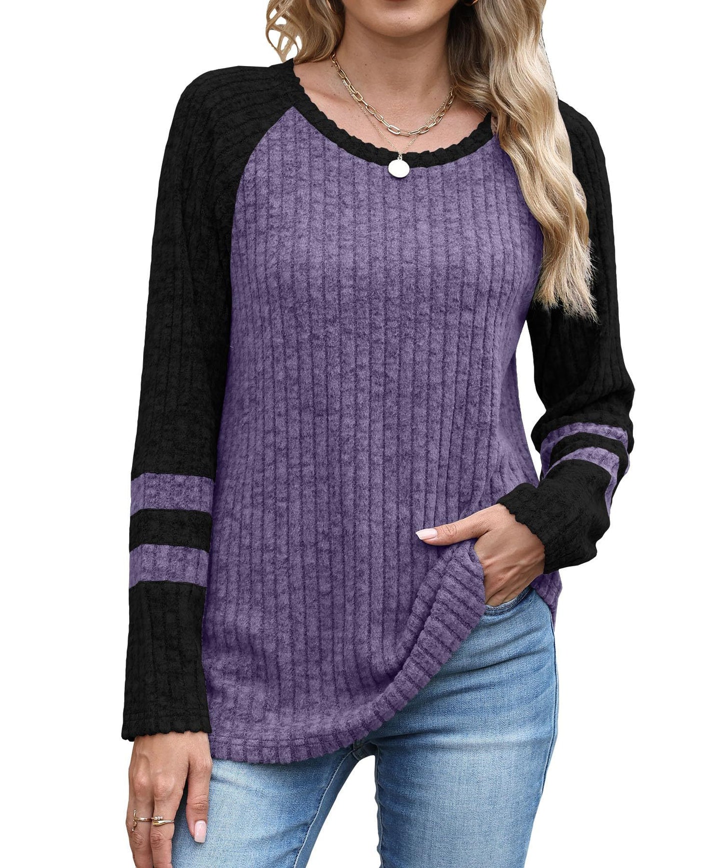 Women's Autumn Fashion Long Sleeve Contrast Color Round Neck Bottoming Sweater