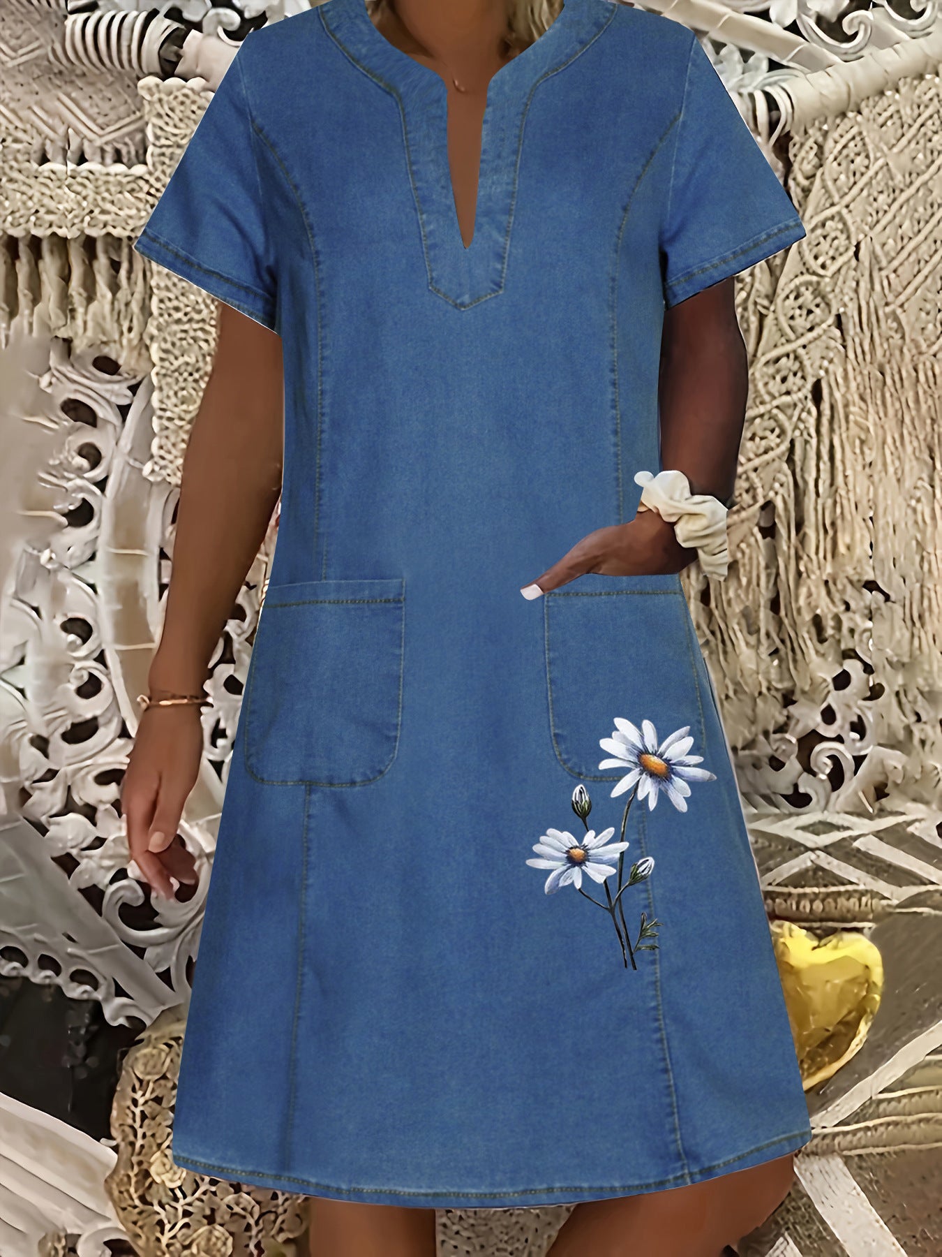 Women's Denim Dress Dark Blue Thin Pocket Dresses