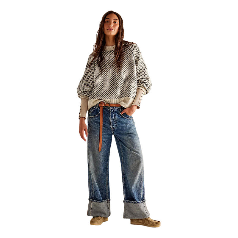 Women's Long-sleeved Pullover Jacquard Round Neck For Sweaters