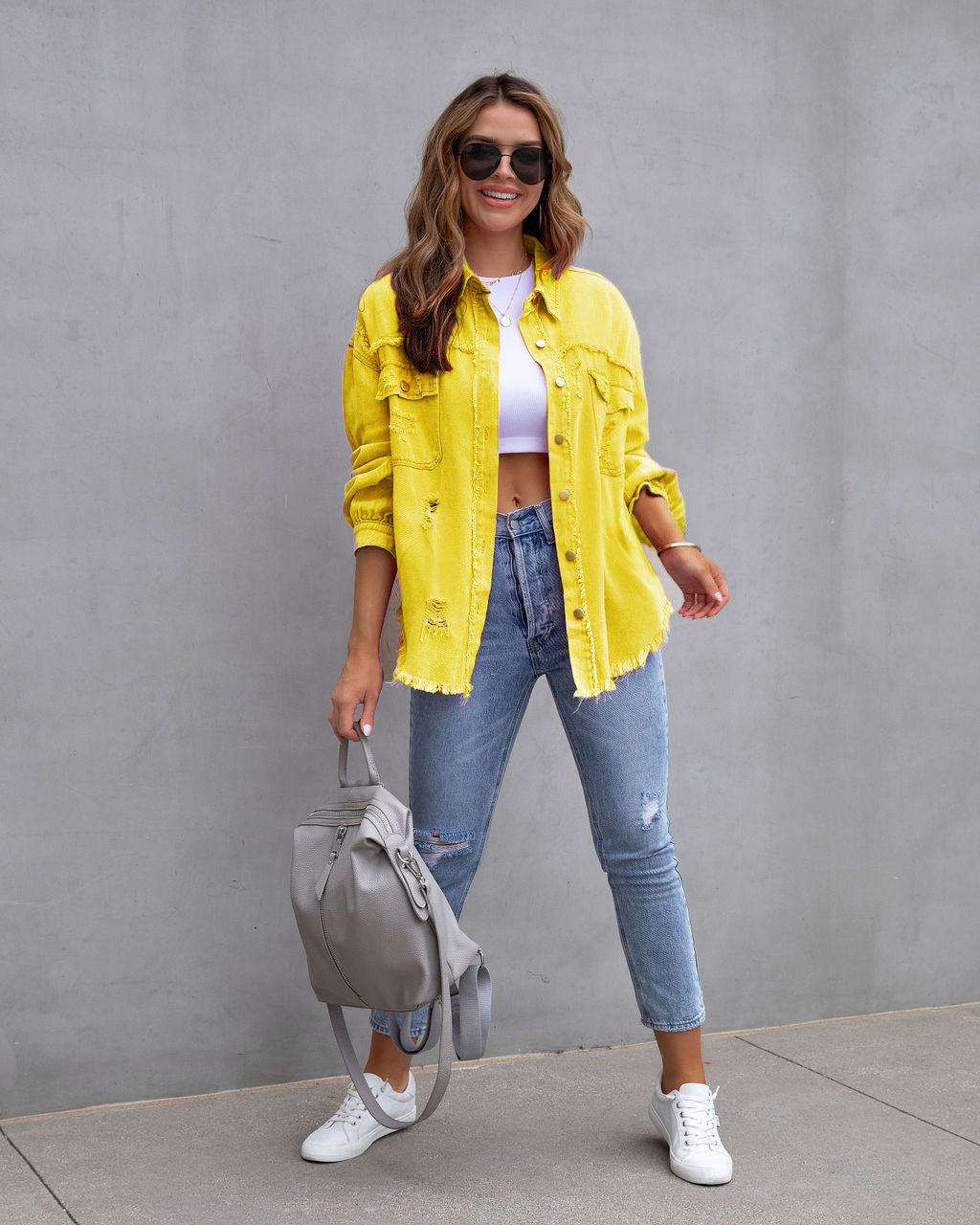 Women's Raw Hem Ripped Denim Long-sleeved Casual Jackets