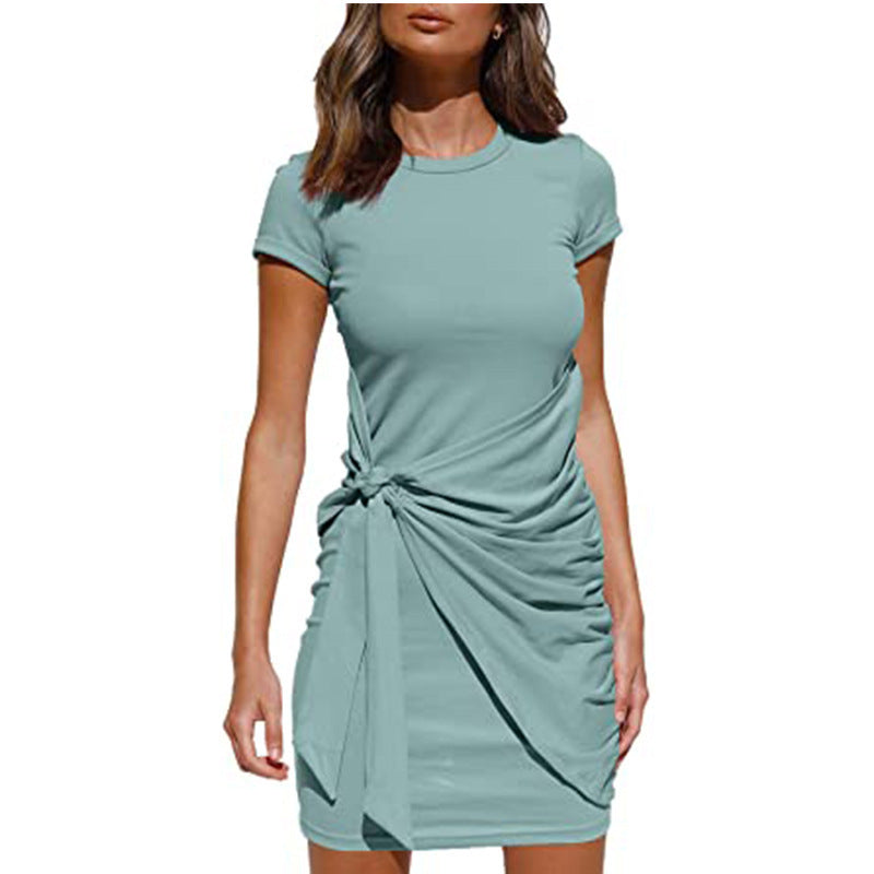 Sleeve Round Neck Pleated Bow Belt Dress