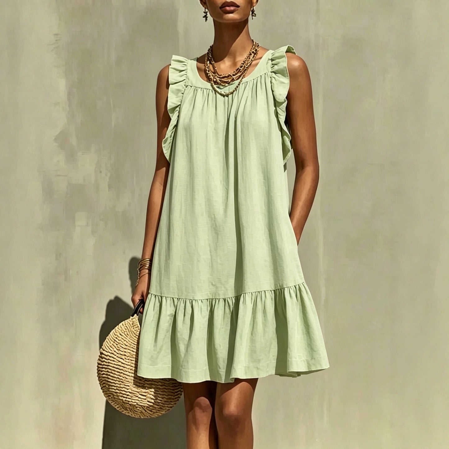Women's Ruffled Fashion Casual Loose Round Neck Dress