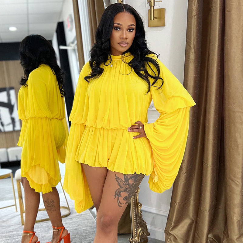 Women's Casual Round Neck Pleated Long Sleeve Jumpsuits