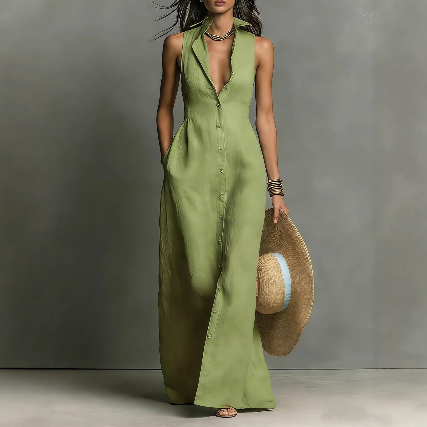 Classic Casual Summer Breasted Sleeveless Collar Dress