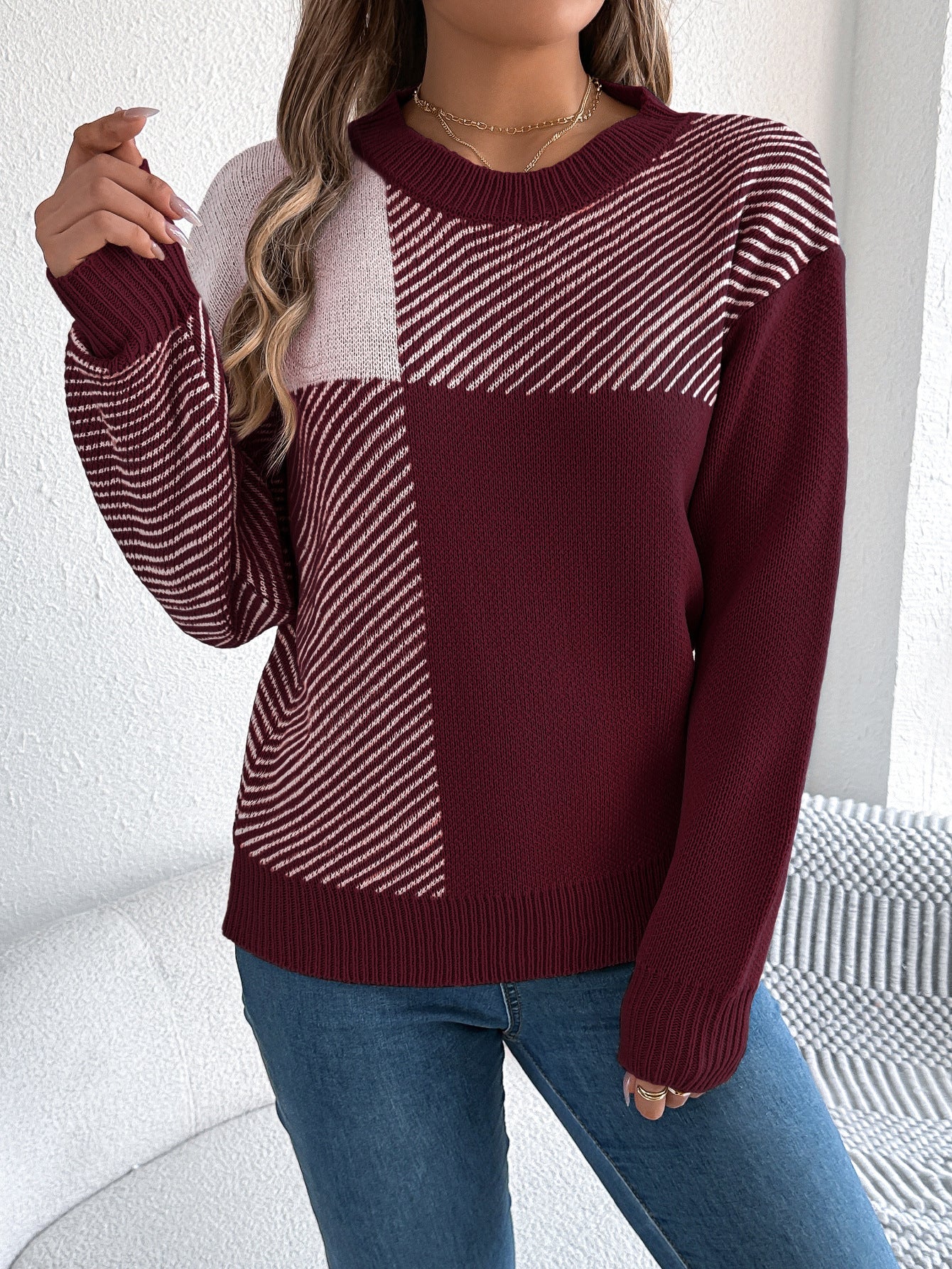 Women's Casual Contrast Color Plaid Long Sleeve Sweater