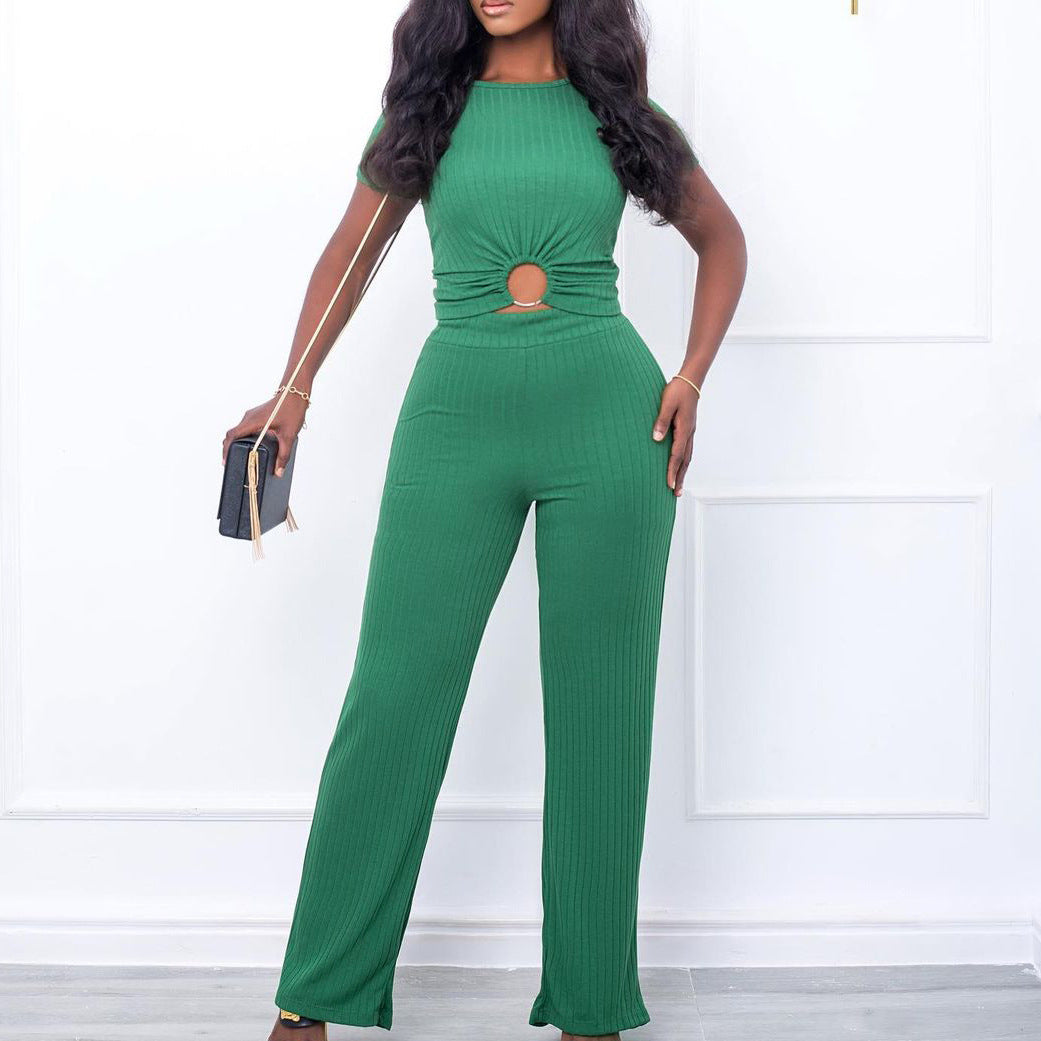 Summer Solid Color Rib Fabric Set Fashion Casual Suit