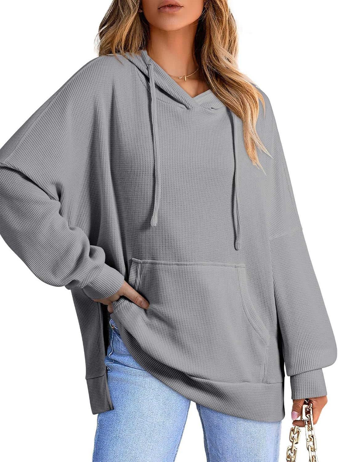 Women's Hoodie Waffle Knitted Side Slit Pullover With Pocket Women's Sweater, Sweater