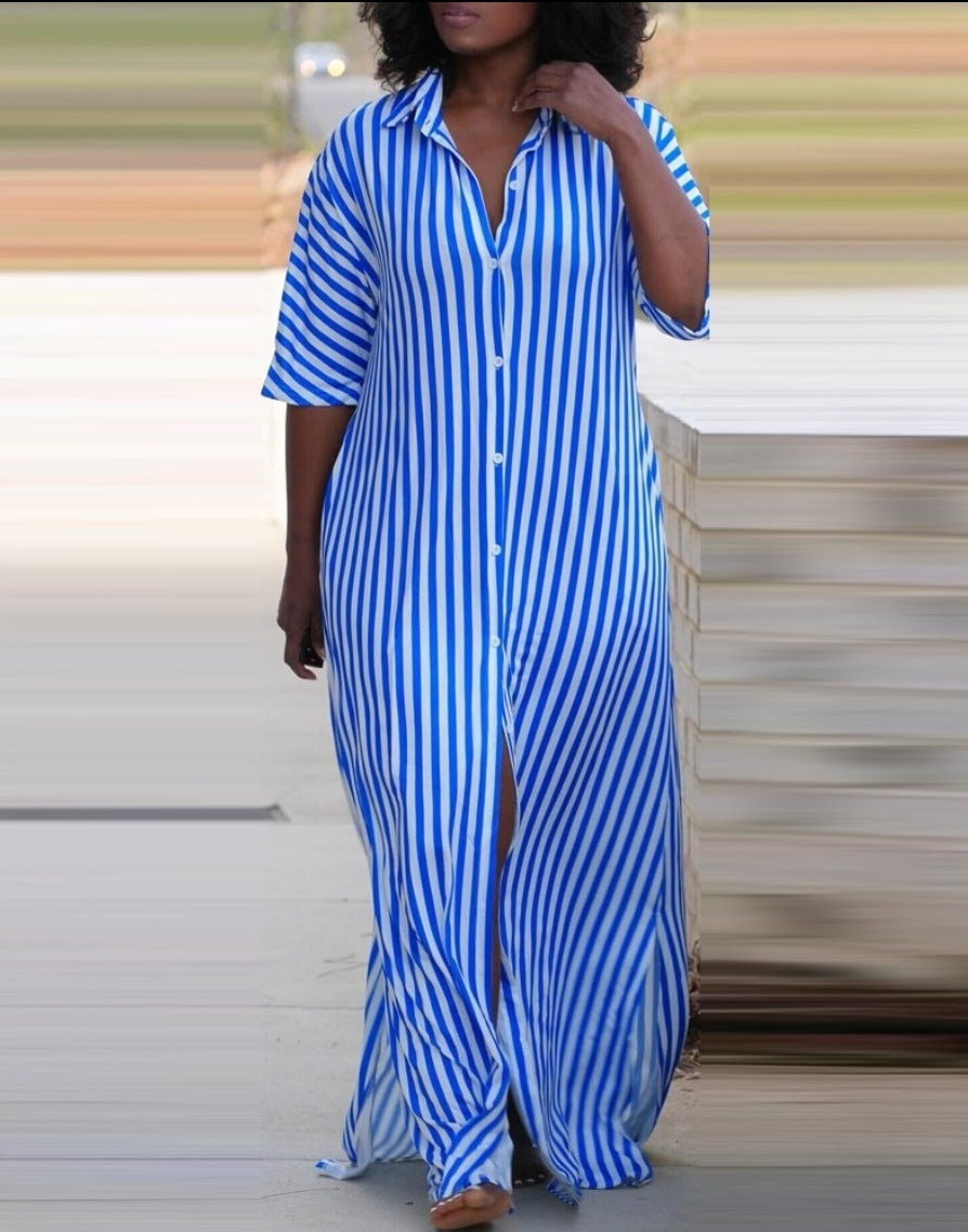 Women's Summer Fashion Loose Long Striped Shirt Dresses