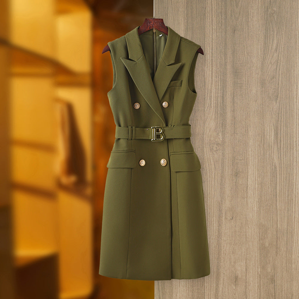 Waist Metal Buckle Elegant Slim Black Dresses