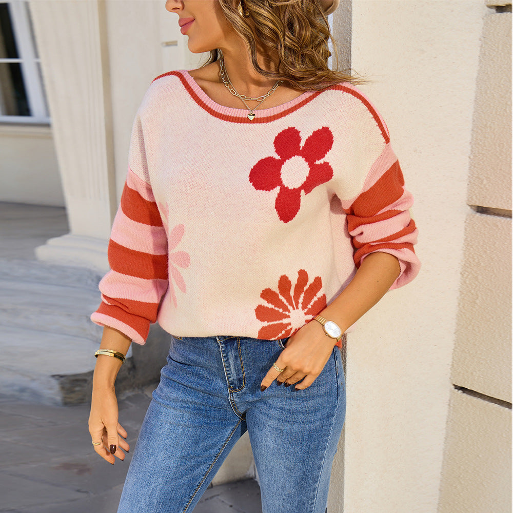 Women's Large Stitching Fashion Flower Striped Crew Sweater