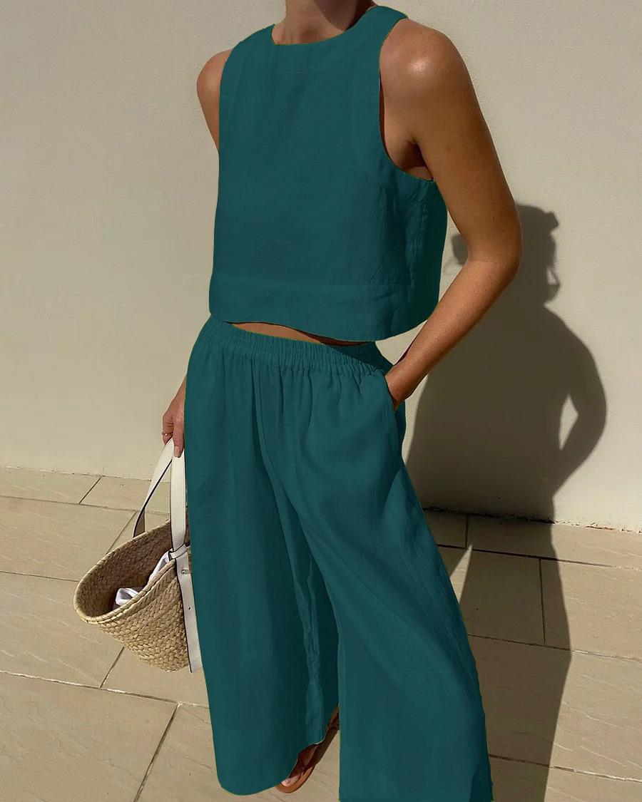 Loose Solid Color Sleeveless Shirt Trousers Fashion Casual Suit